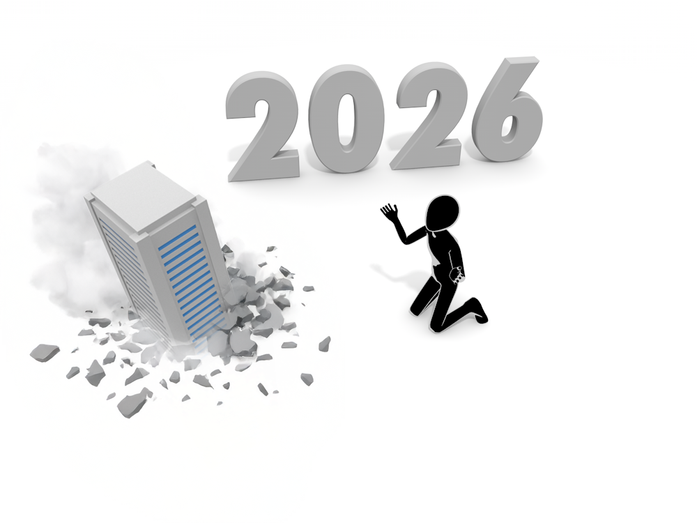 This illustration depicts a person fleeing toward 2026 with a collapsing building behind them. It symbolizes escaping difficulties, overcoming adversity, and starting anew.