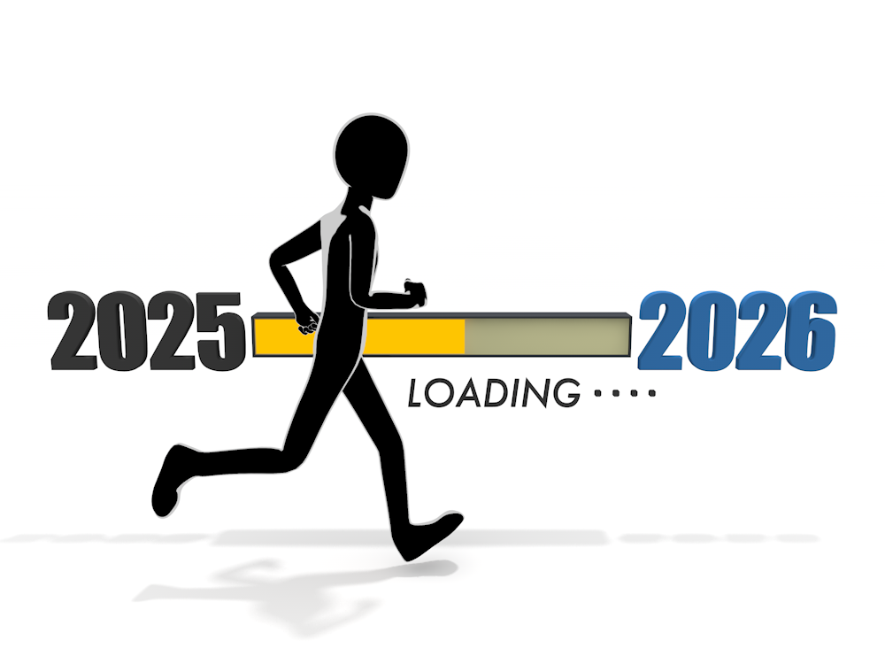 This illustration shows a person running across a loading bar moving from 2025 to 2026. It represents the transition of the year-end and New Year holidays, the passage of time, and the process of achieving goals.