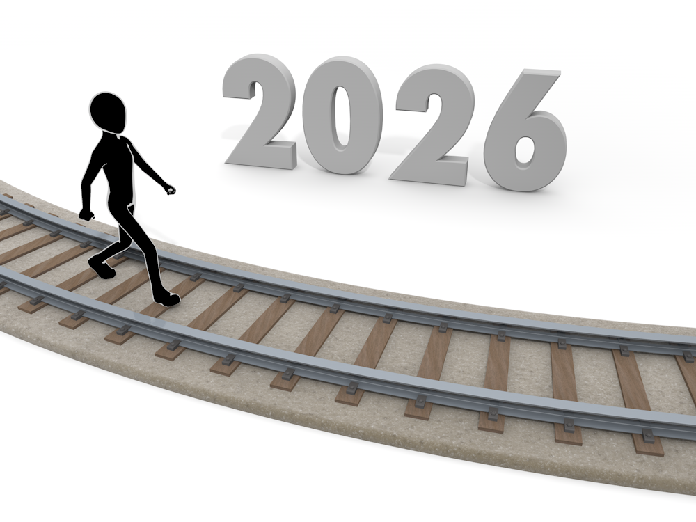 This illustration depicts a person walking on rails leading to 2026. It represents a path to the future, a career path, and steady progress.