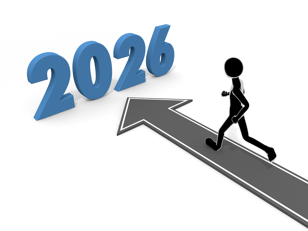 An illustration of a person running on an arrow pointing toward 2026. It symbolizes goal achievement, clear direction, and progress.