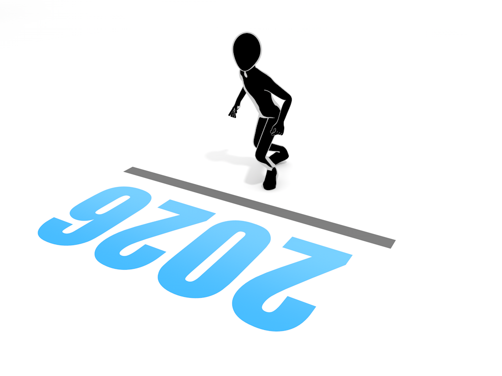 An illustration of a person standing at the starting line for 2026. The powerful pose of someone taking off represents the start of a new year, determination, and a head start.