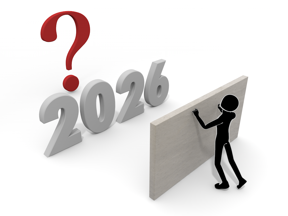 An illustration of a person pushing against a wall in front of 2026, looking at a question mark. This image expresses uncertainty, challenges, and uncertainty about the future.
