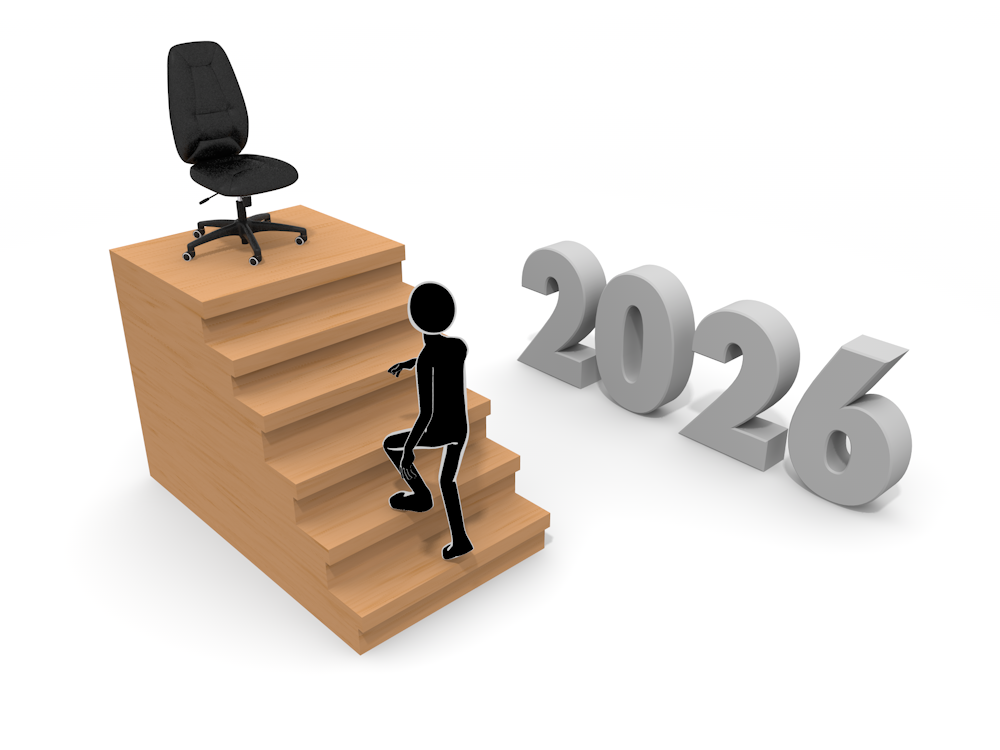 An illustration of a person climbing stairs leading to 2026. It symbolizes career advancement, promotion, and goal achievement.
