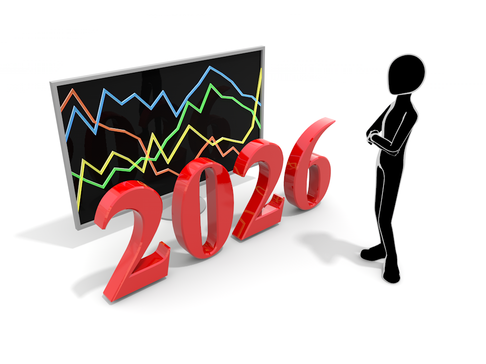An illustration of a person gazing at numbers and graphs for 2026. It represents market analysis, future forecasts, and business strategies.
