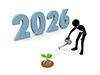 An illustration of a person setting goals for 2026. A person is watering a small sprout next to the large number 2026. It represents planning, growth, and development for the new year. 