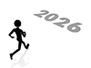 Illustration of a person running toward 2026. This illustration depicts moving forward toward the future. It represents the start of a new year, a challenge, and achieving goals. 