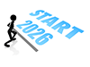 An illustration of a person standing at the starting line for 2026. Their pose, as if about to break into a run, expresses the beginning of a new year, a starting dash, and determination. 
