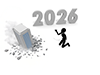 This illustration depicts a person fleeing toward 2026 with a collapsing building behind them. It symbolizes escaping difficulties, overcoming adversity, and starting anew. 