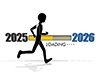 This illustration shows a person running across a loading bar moving from 2025 to 2026. It represents the transition of the year-end and New Year holidays, the passage of time, and the process of achieving goals. 