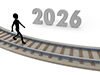 This illustration depicts a person walking on rails leading to 2026. It represents a path to the future, a career path, and steady progress. 