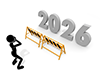 This illustration depicts a person looking lost at the barricade in front of 2026. It represents the obstacles, difficulties, and setbacks that stand in the way of achieving a goal. 