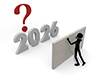 An illustration of a person pushing against a wall in front of 2026, looking at a question mark. This image expresses uncertainty, challenges, and uncertainty about the future. 