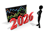 An illustration of a person gazing at numbers and graphs for 2026. It represents market analysis, future forecasts, and business strategies. 