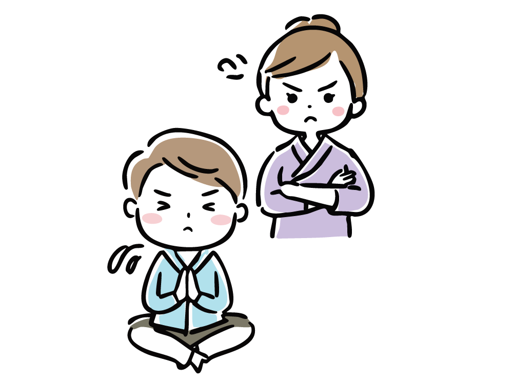 Illustration of an angry woman with her arms crossed and a man clasping his hands