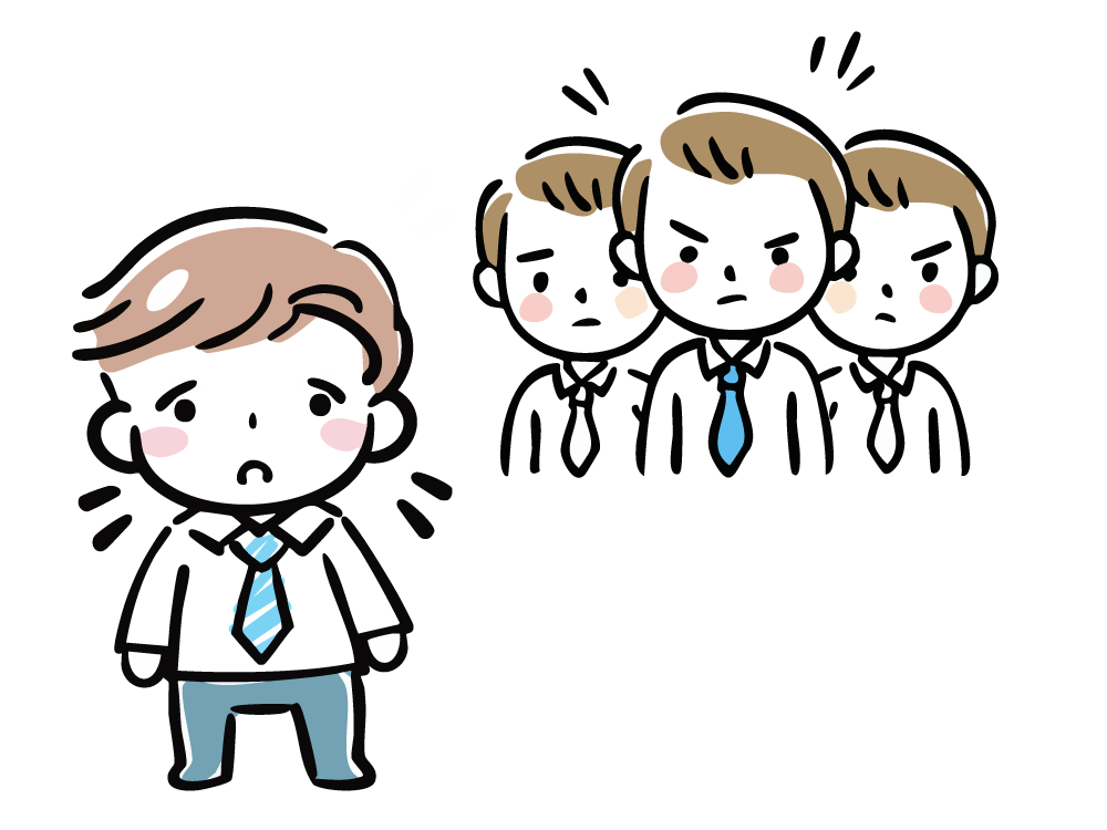 Illustration of several men glaring coldly at an isolated man