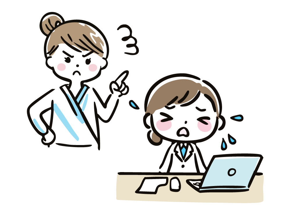 Illustration of a female boss harshly scolding a crying female subordinate