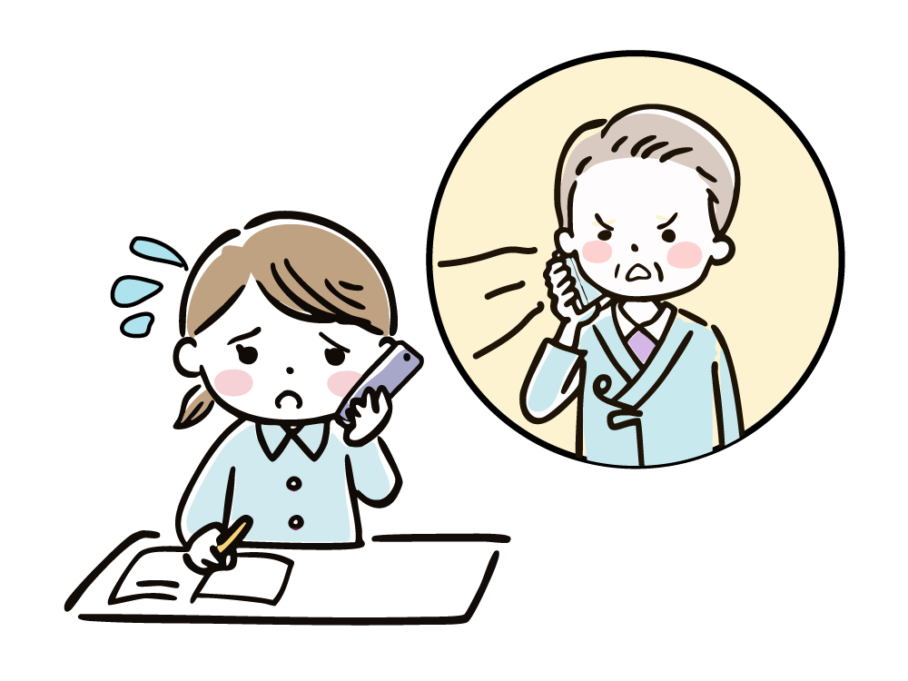 Illustration of a customer yelling down the phone and a confused female employee