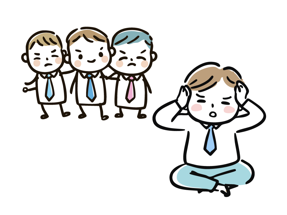 Illustration of a man covering his ears during group harassment