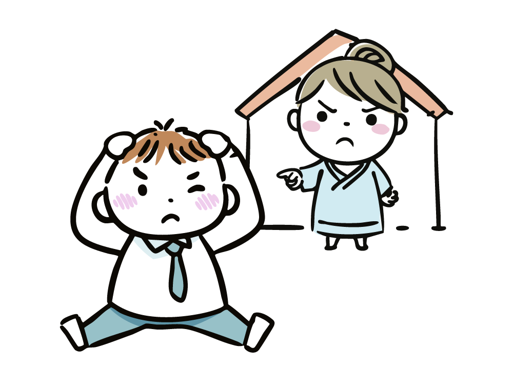 Illustration of a wife pointing at her husband in anger and a husband holding his head