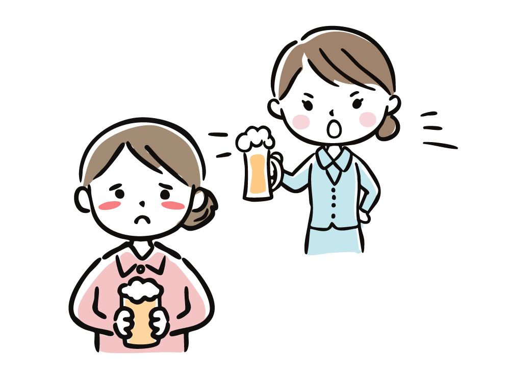 Illustration of a woman resentful after being forced to drink beer