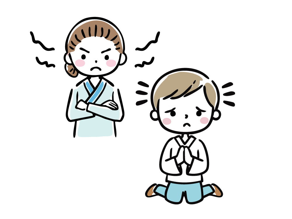 Illustration of a man kneeling and apologizing to an angry woman