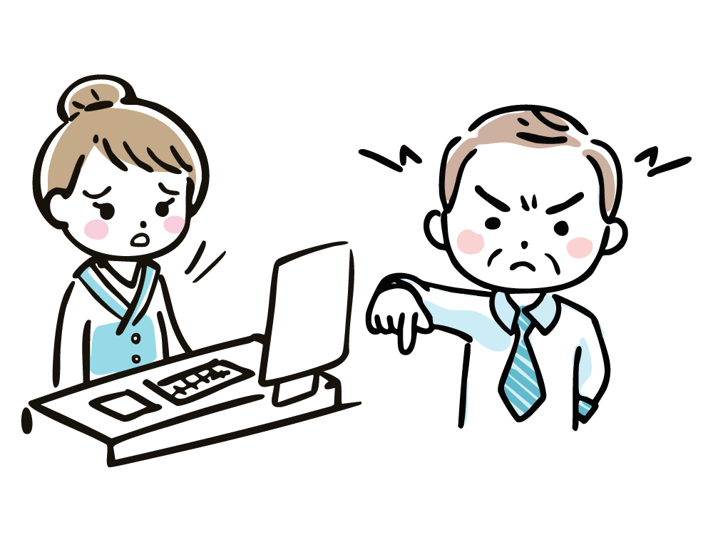 Illustration of an angry male customer pointing and a confused female employee
