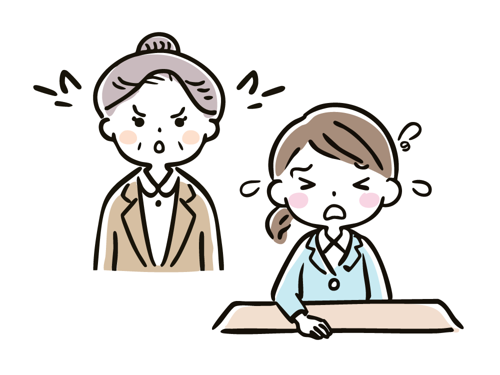 Illustration of an elderly female boss scolding a female subordinate with a stern expression