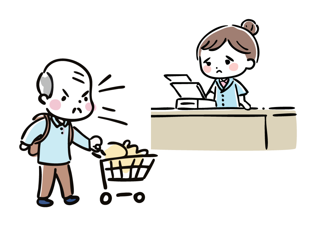 Illustration of an angry male customer at the cash register and a confused female employee