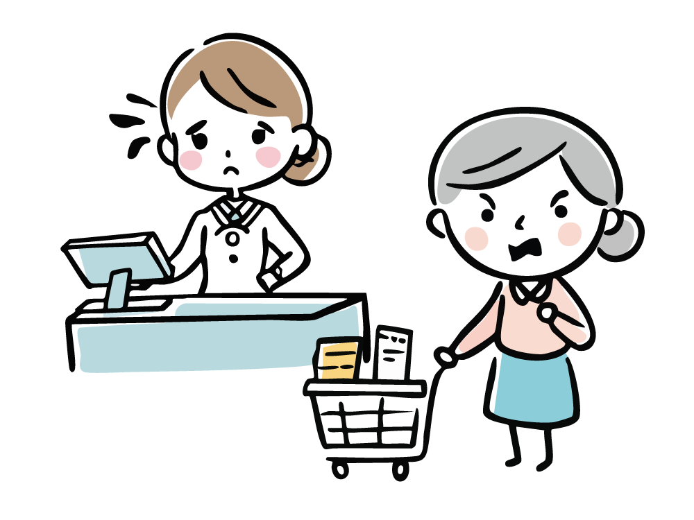 Illustration of an angry female customer with a shopping cart in hand and a confused female employee