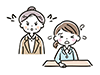Illustration of an elderly female boss scolding a female subordinate with a stern expression