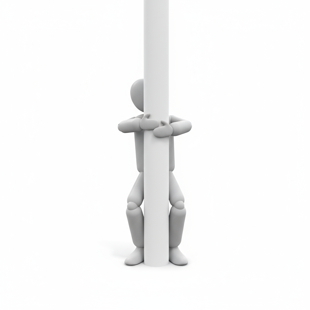 A person desperately clinging to a pillar