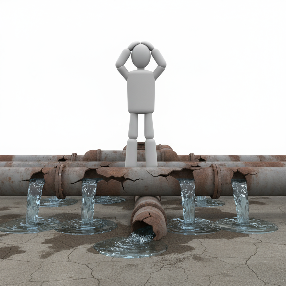 A person holding his head in front of a burst pipe