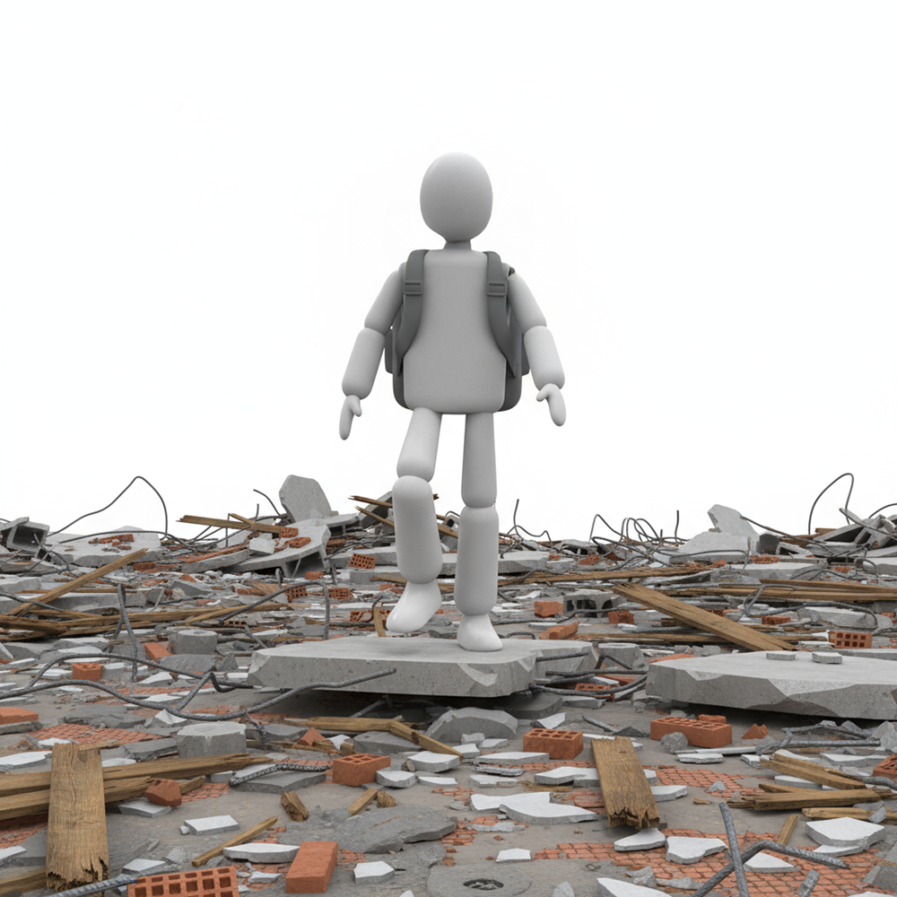 Person Walking on a Rubble Road