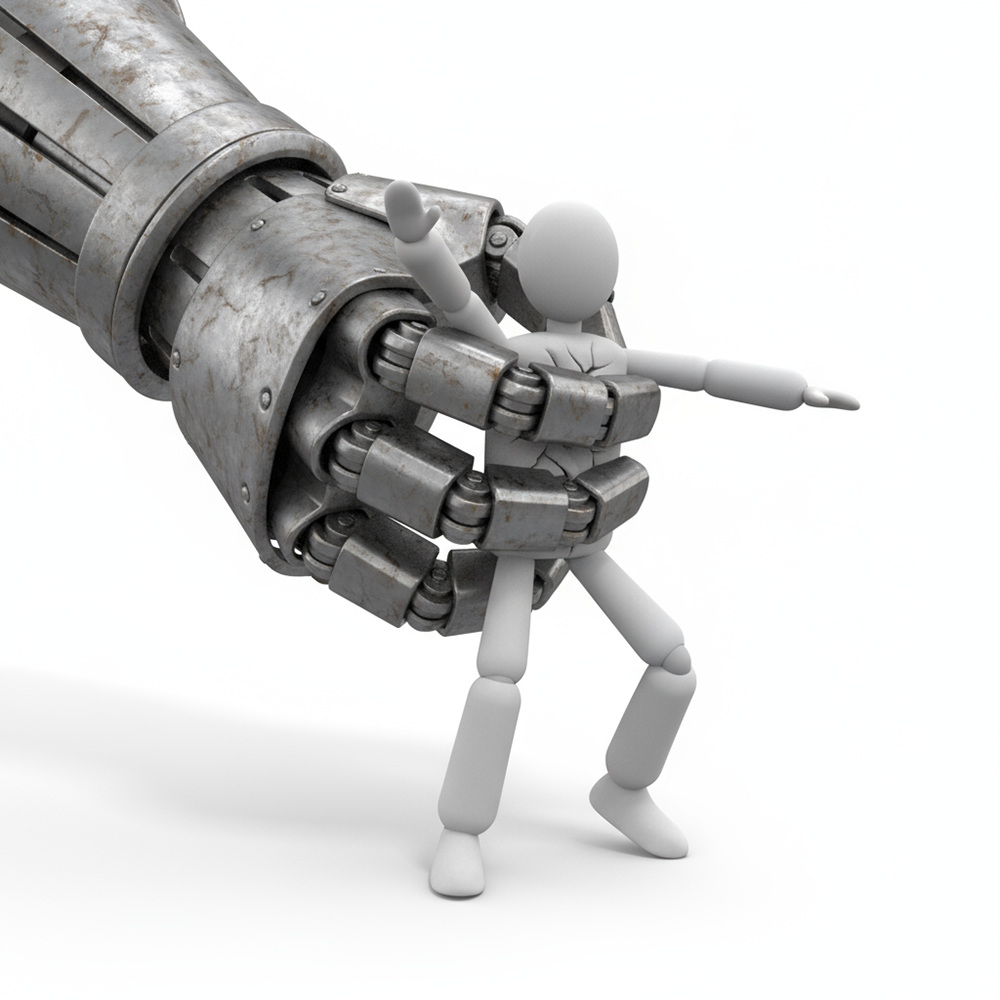 A person being held by the hand of a giant robot and resisting