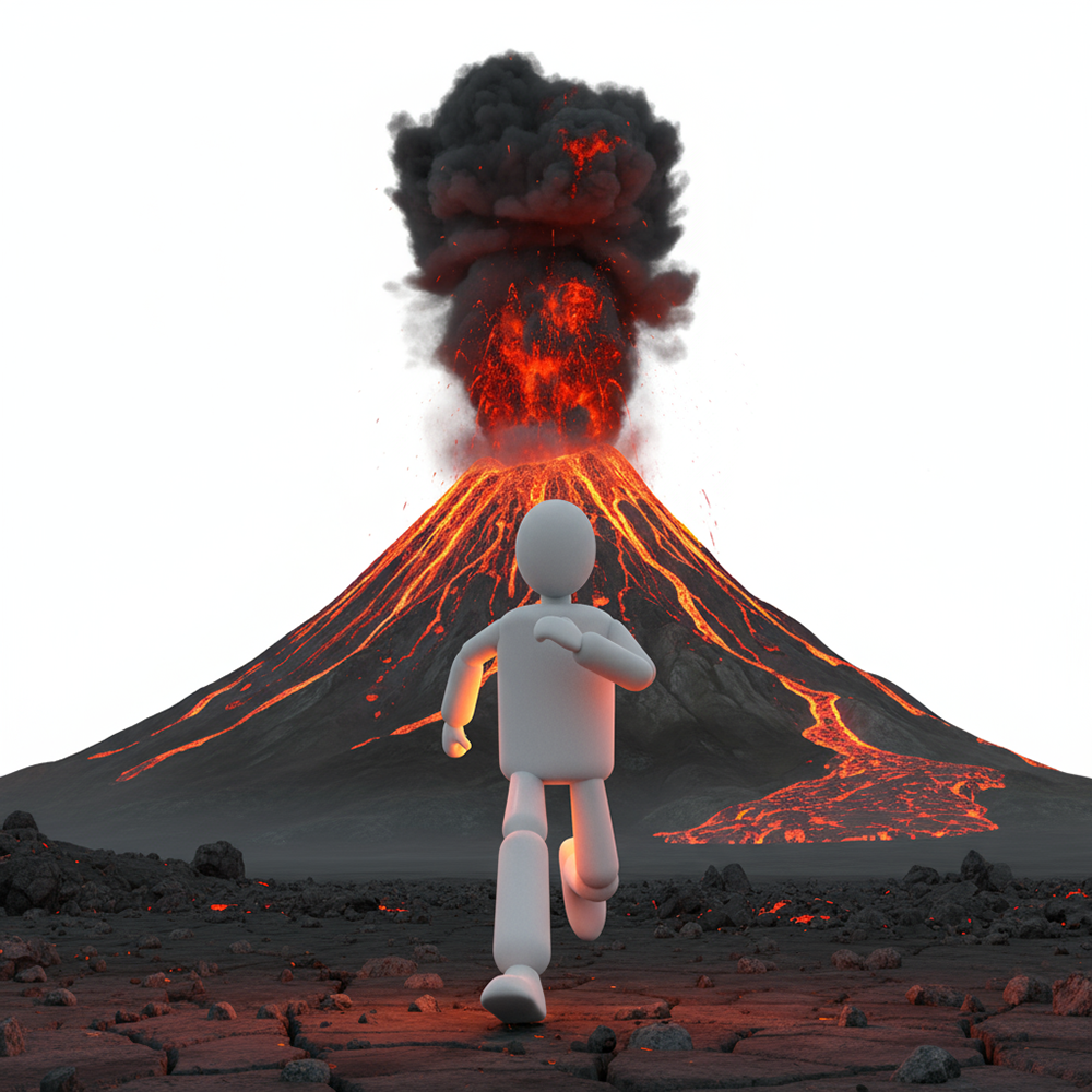 People fleeing a volcanic eruption