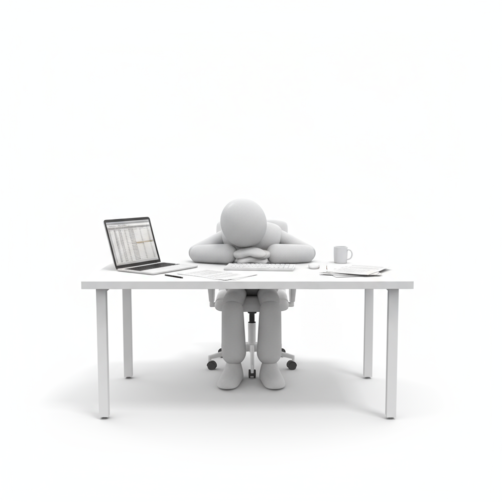 A person slumped over at their desk, tired from work