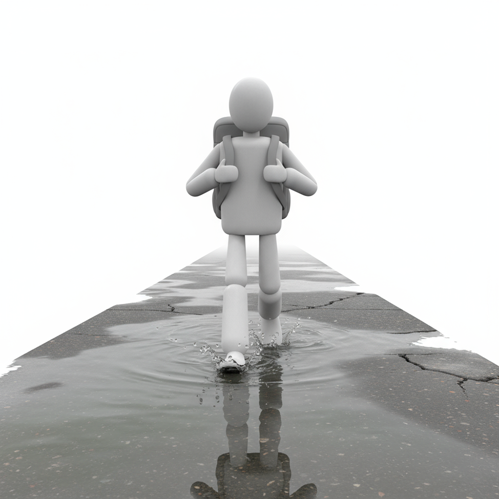 Person Walking on a Cracked Path with a Puddle