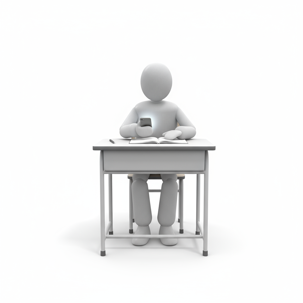 A person sitting at a desk, using a smartphone while studying