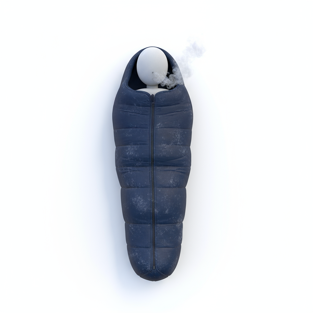 A person sleeping warmly in a sleeping bag