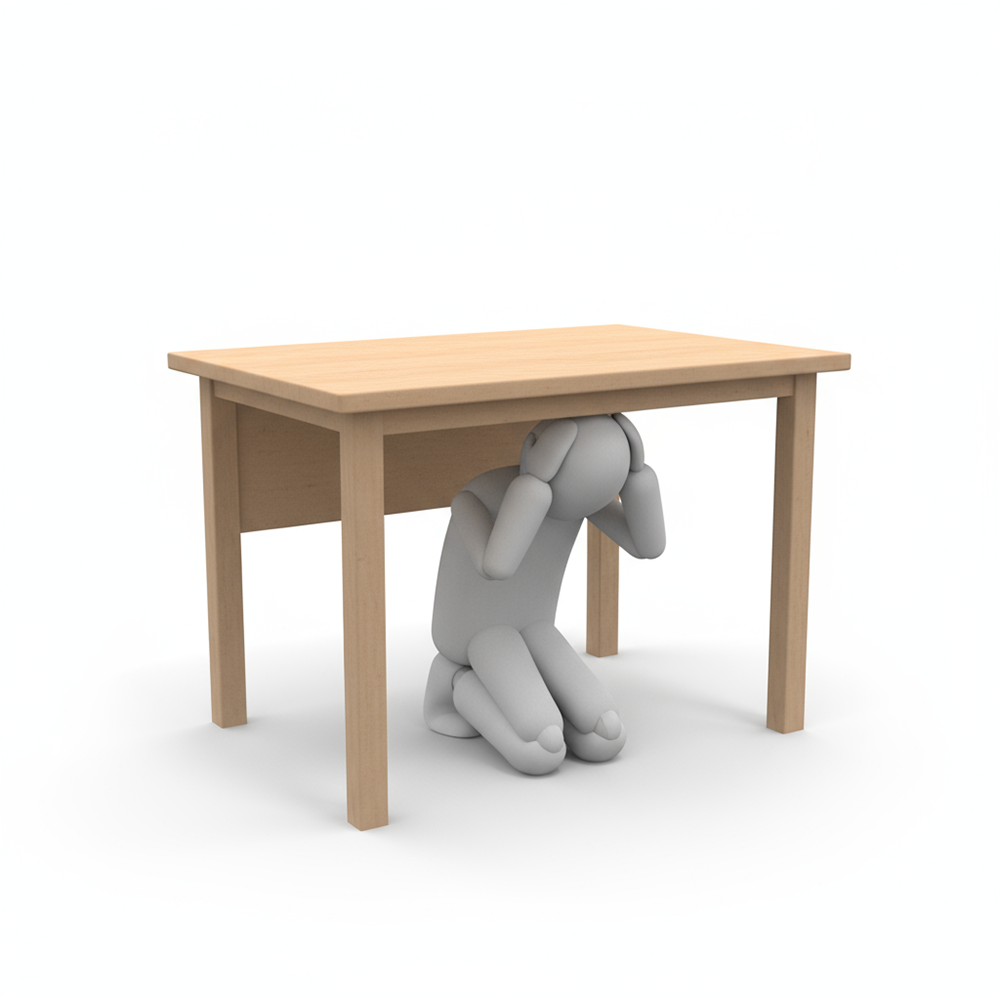 A frightened person hiding under a desk