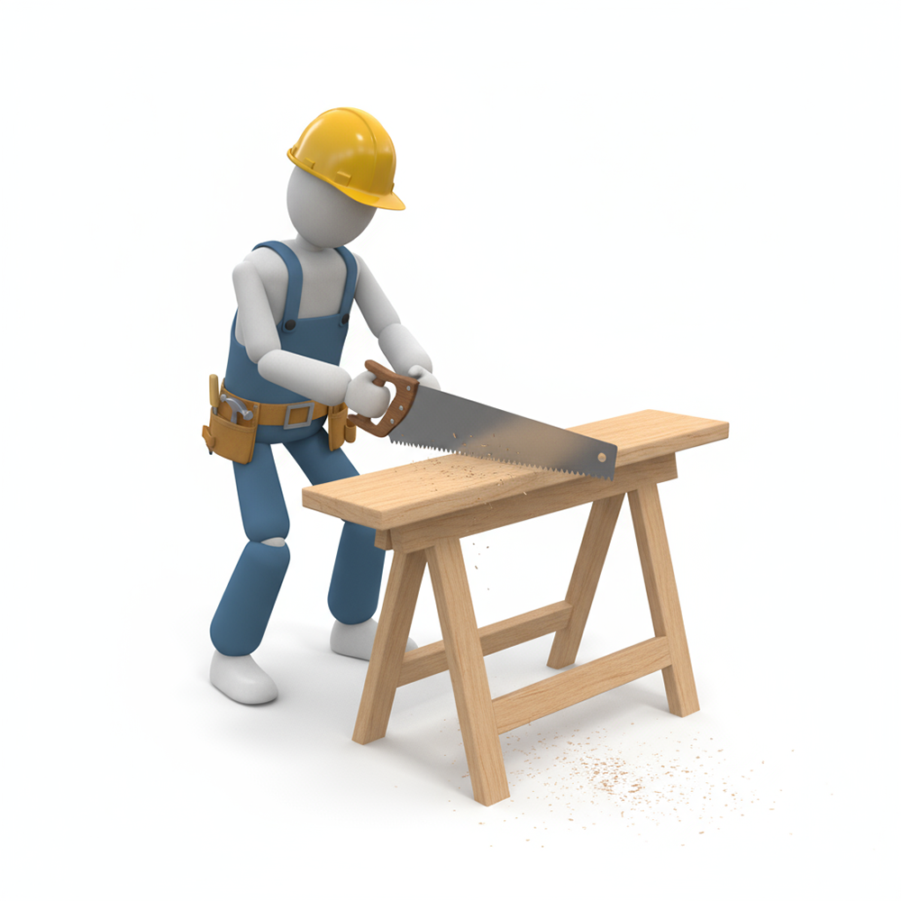 Worker Cutting Wood with a Saw