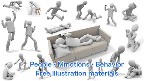 These illustrations feature 3D model human characters expressing a variety of poses and emotions, including sitting, running, happy, sad, and troubled.