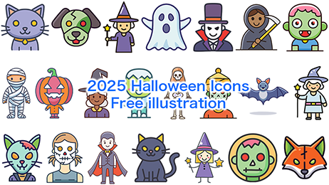 Halloween character icon set. Pop and cute Halloween character illustrations, including a mummy, pumpkin, witch, ghost, Dracula, Grim Reaper, Frankenstein, black cat, skeleton, and werewolf. Transparent background.